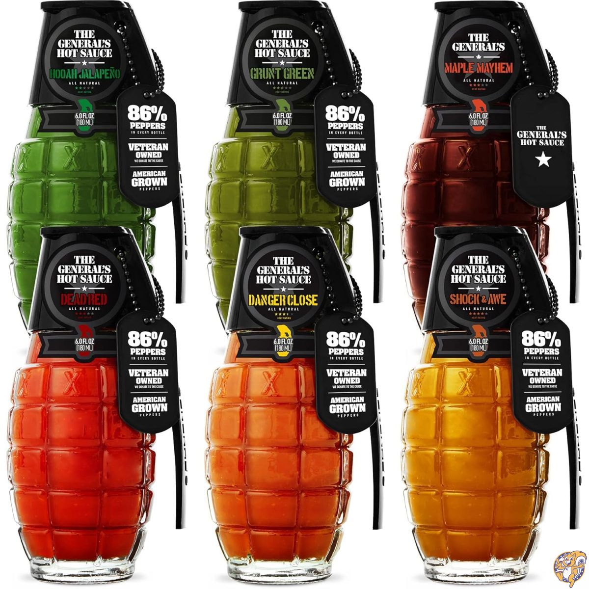 The General's Hot Sauce Super 6 - 米国産、退役軍人の所有 | ボトル すべて天然のグルメホットソースのギフトセット、ガラスグレネードボトル入り、金属製認識票付き。アメリカ産の熟成トウガラシを使った米国製。Dead Red Grunt Green Shock & Awe Danger Close