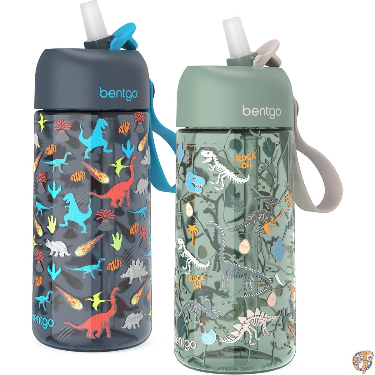 【クーポン配信中】Bentgo&reg; Kids Water Bottle 2-Pack - New, Improved 2023 Leak-Proof BPA-Free 15 oz Cups for Toddlers & Children Flip-Up Safe-Sip Straw School, Sports, Daycare, Camp (Dinosaur/Dino Fossils｜パームスアメリカ