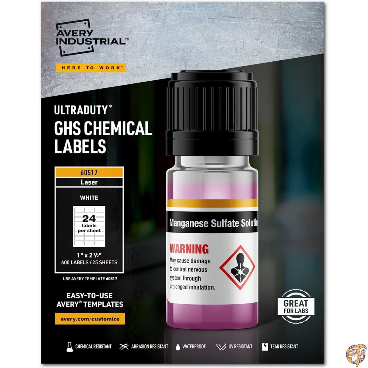 Avery (エイブリー) レーザープリンター用 超耐久 GHS 化学ラベル 防水 耐紫外線 1枚 x 2.5インチ 600枚入り (60517)