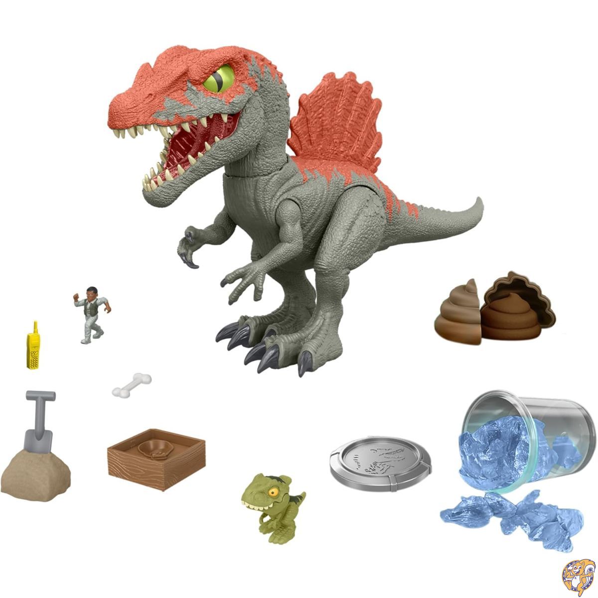 Mattel Jurassic World Crushivores ミニ恐竜フィギュア&アクセサリー ケージクラッシャースピノサウルス 箱を開けるおもちゃ 砂、ゲル、生地などのサプライズ付き
