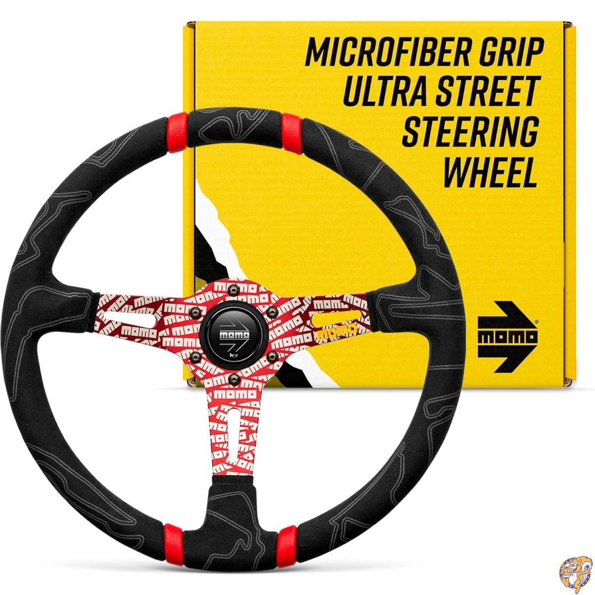 【クーポン配信中】MOMO Motorsport Ultra Street ハンドルブラックプレミアムマイクロファイバーグリップ、ロゴスポーク付き、ダブルレッドストライプセンター、350mm 41,984円