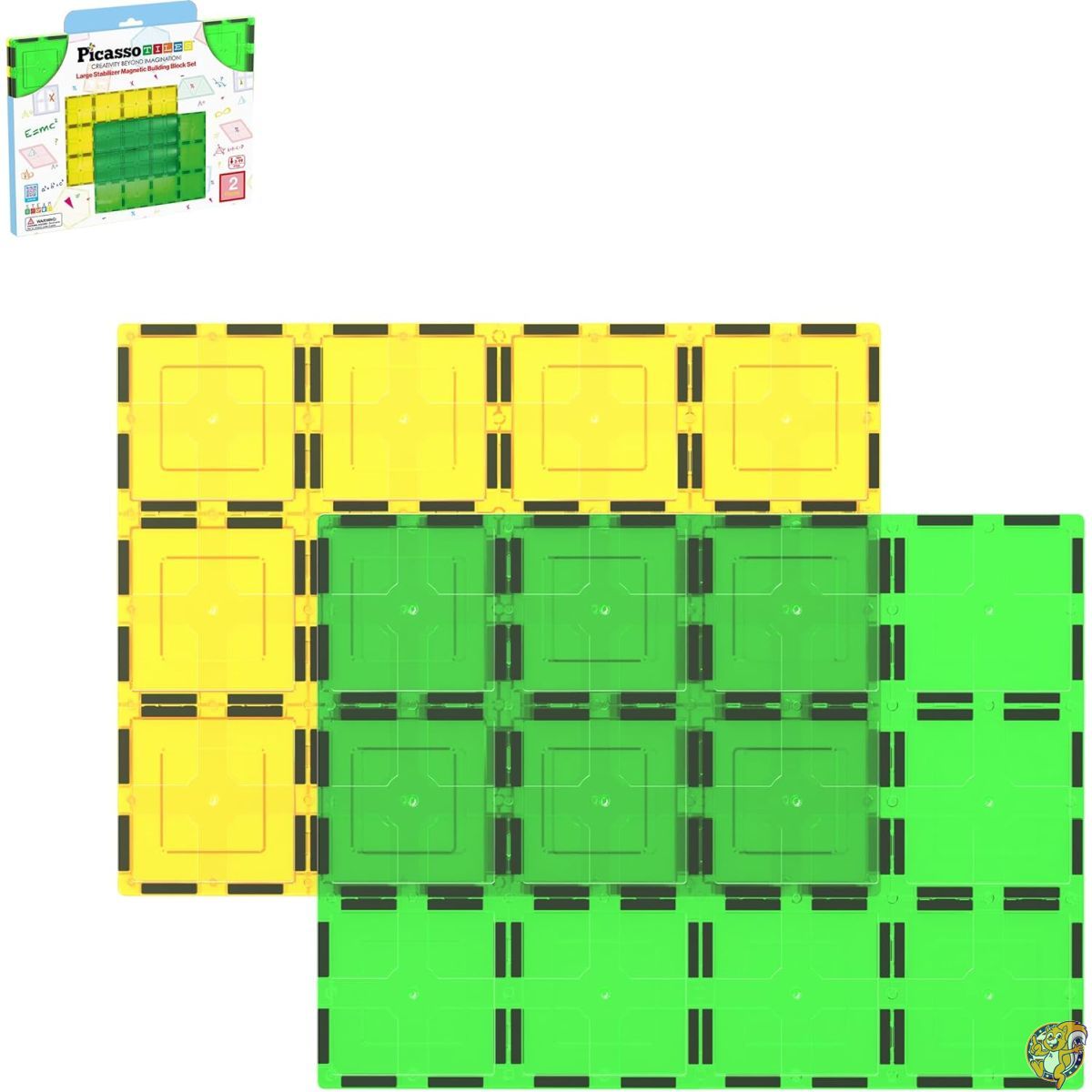 PicassoTiles キッズトイ マグネティック ビルディングブロック 磁気タイル スーパーサイズ 2枚 大きい スタビライザー ベース ジャンボ XL プレート基盤 教育 建築キット 工学 STEM教育 子ども 学習 スタッキングセット 2ピース