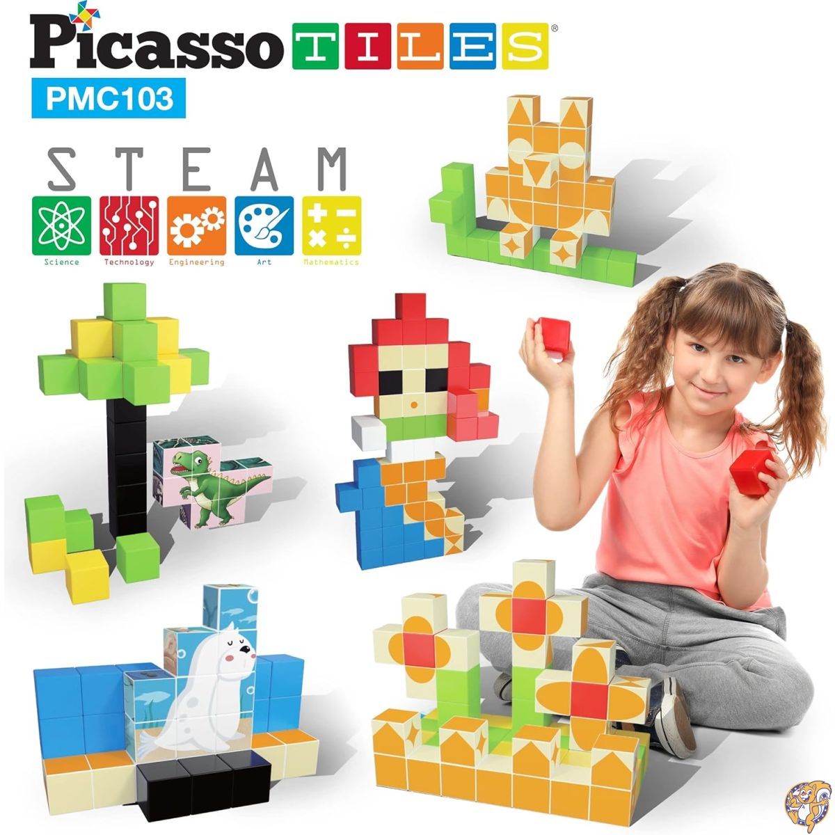 PicassoTiles Magnetic Toy_Building_Block Cubes Building Block, 3D Cube Construction Toy with Free Idea Book for Kid, Baby, Boy, Girl & Toddlers 103 Piece