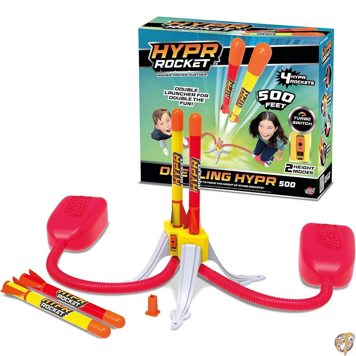 Flybar Hypr Rocket Launcher 子供用 - 特許取得済みデザイン、最大500フィートに達、2つのランチャーと4つのロケットを備えたデュアルパック 接続可能 屋内/屋外のおもちゃとゲーム