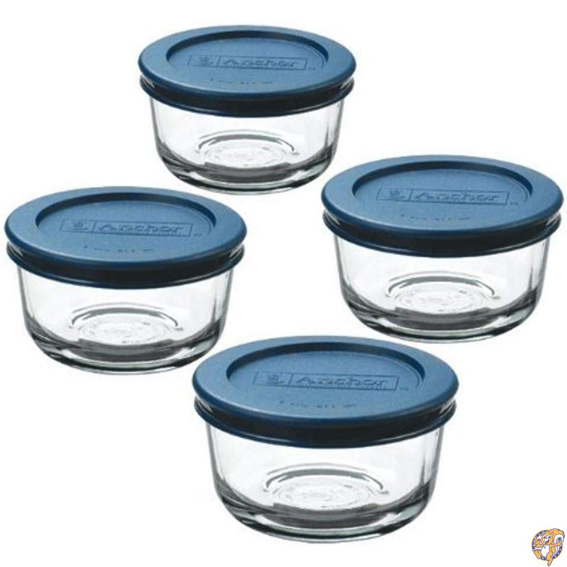 【クーポン配信中】Anchor Hocking 1-Cup Round Food Storage Containers with Blue Plastic Lids, Set of 4 by