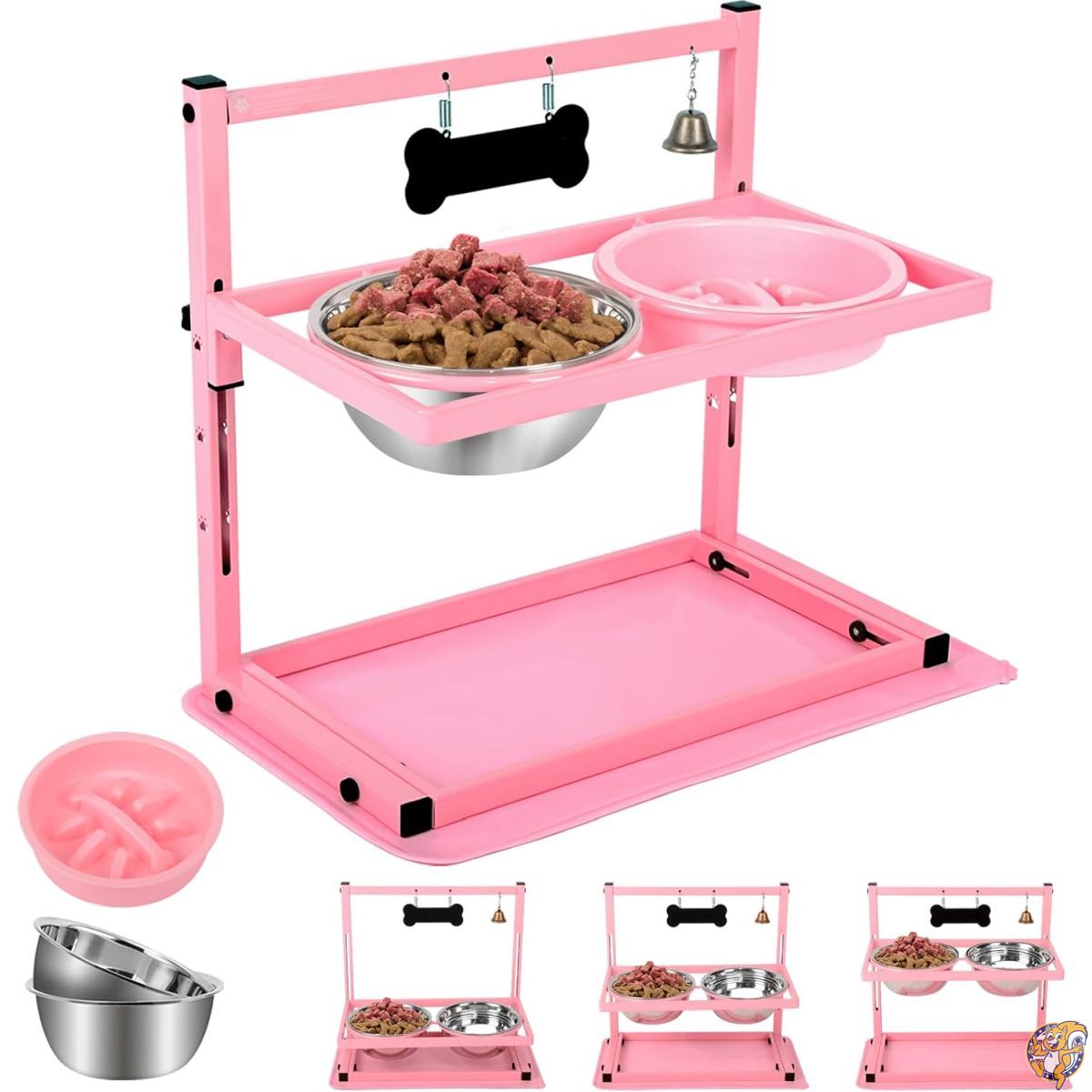 【クーポン配信中】SHAINFUN Pink Raised Dog Bowl Stand with Two 1700ml Stainless Steel Food Bowl, a Slow Feeder and Spill Proof Mat, Adjustable Feeder, Elevated Bowls for Large Medium Small Dogs.