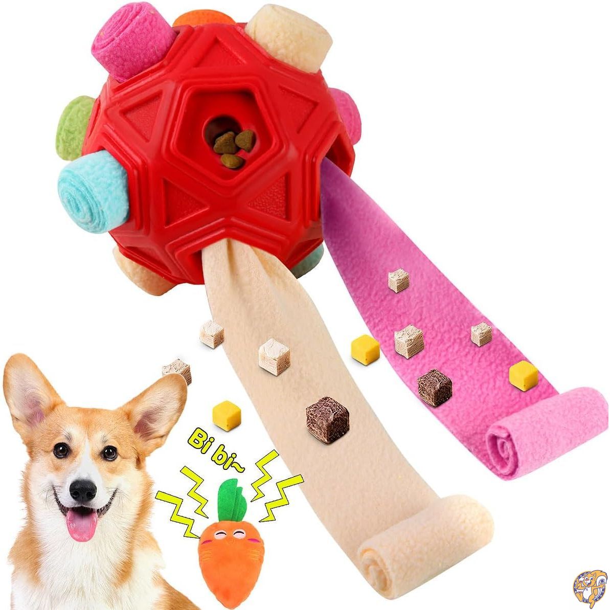 Dog Snuffle Ball-インタラクティブパズル ドッグトイ 自然な採餌スキルを奨励 トレーニングとストレス解消のためのスローフィーダー、あらゆるサイズの犬のための食べ物を隠す布ストリップ