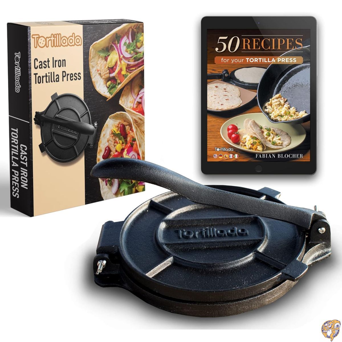 【クーポン配信中】Tortillada - プレミアム鋳鉄製トルティーヤプレス レシピ＆説明書付き (25 cm)