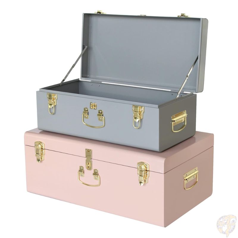 Vixdonos メタルトランク 2個セット グレー＆ピンク 収納ボックス ふた付き ロック可能 スチール製 おしゃれ マカロンカラー 持ち手付き 衣類収納 インテリア 飾り箱 収納ケース クローゼット 新生活 収納ボックス エレガント おしゃれ 海外家具 収納家具 アメリカ輸入