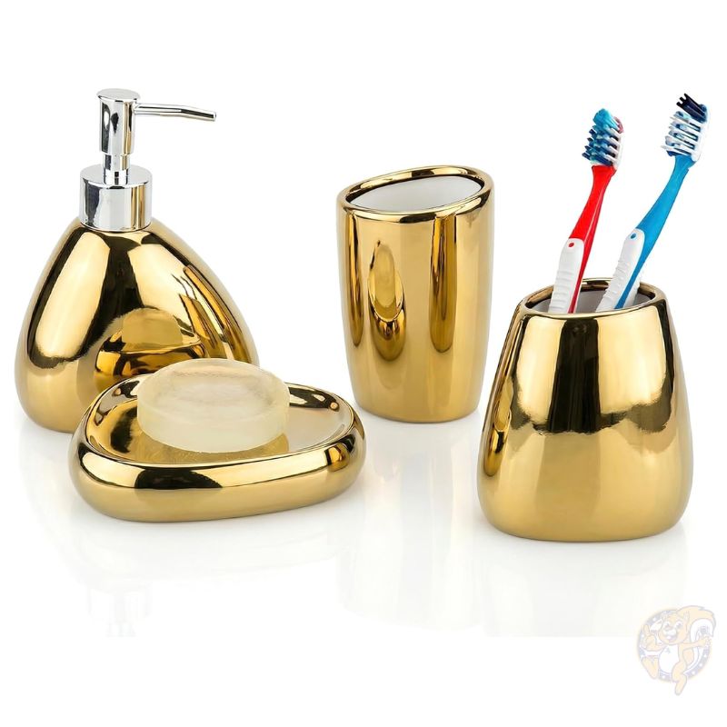 【クーポン配信中】マイギフト MyGift バスルーム アクセサリー セット 4点 セラミック ゴールド 歯ブラシホルダー ソープディスペンサー タンブラー ソープディッシュ 洗面所 モダン 新生活 海外家具
