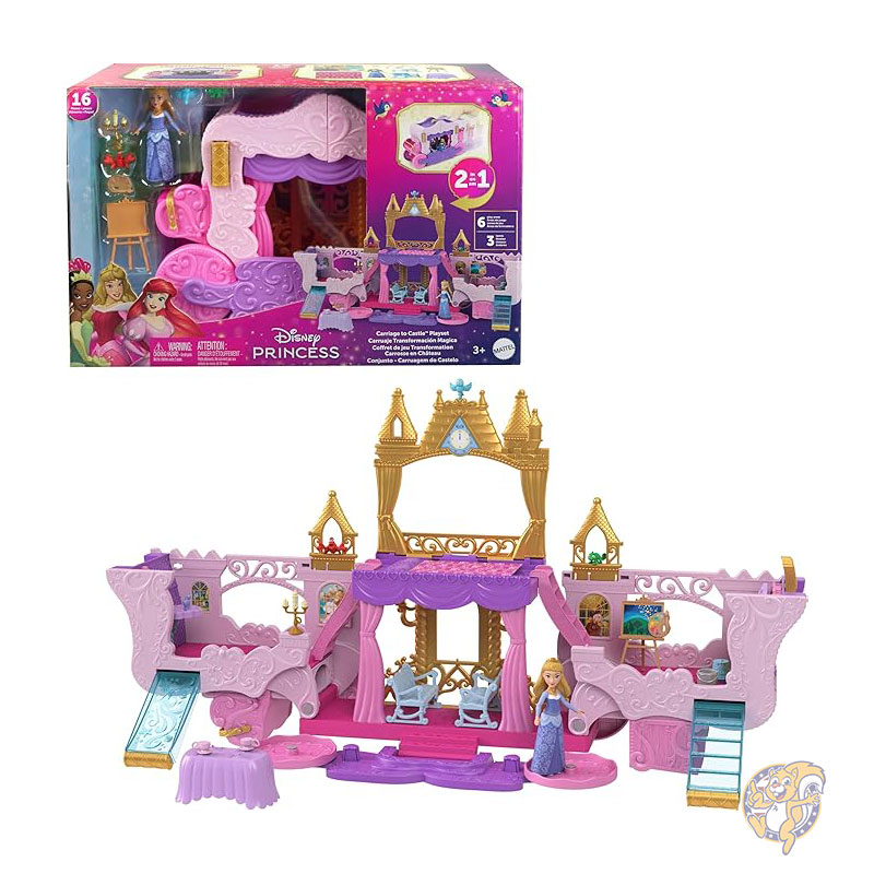 【クーポン配信中】ディズニープリンセス おもちゃ キャリッジ・トゥ・キャッスル 変形プレイセット オーロラの小さな人形 フィギュア4体 家具＆アクセサリー付き ごっこ遊び マテル Mattel