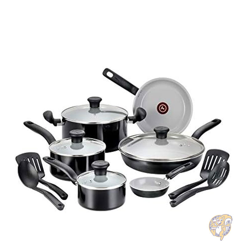 ティファール T-fal Initiatives フライパンセット セラミックノンスティック調理器具セット 14点 オーブンブロイラー対応 350F キッチン調理セット フライパン ソースパン ダッチオーブン 調理器具付き ヘルシークッキング 鍋・フライパン 家庭用 ブラック