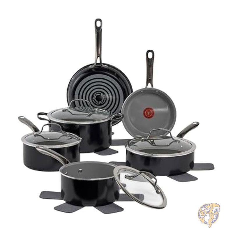 ティファール T-fal フライパンセット Preserve Ceramic セラミックノンスティック調理器具セット 13点 オーブンブロイラー対応 350F フライパン ソースパン ソテーパン ダッチオーブン 蓋 パンプロテクター 鍋・フライパンセット付きキッチンセット ブラック