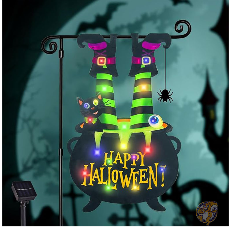 ハロウィンデコレーション ハロウィンライト付き ガーデンフラッグ 屋外用 魔女 足型フラッグ 12x18インチ 大釜 目玉黒猫デコレーション ハロウィン ハロウィーン デコレーション 飾り アメリカ FLAGMESAGE フラッグメッセージ