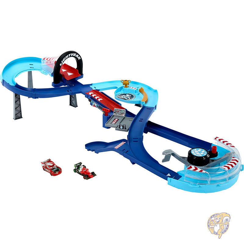 ディズニー＆ピクサー カーズ プレイセット おもちゃの車2台 ライトニング・マックィーン＆フランチェスコ・ベルヌーイ GRCジャンピング・レースウェイ・トラックセット 子供用 パワーブースター付き Mattel マテル クリスマス画像