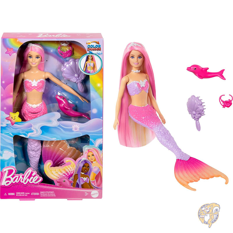 【クーポン配信中】バービー Barbie バービー人魚人形 マリブ ピンクの髪 スタイリングアクセサリー ペットのイルカ 水で色が変わる機能付き おもちゃ クリスマス 8,030円