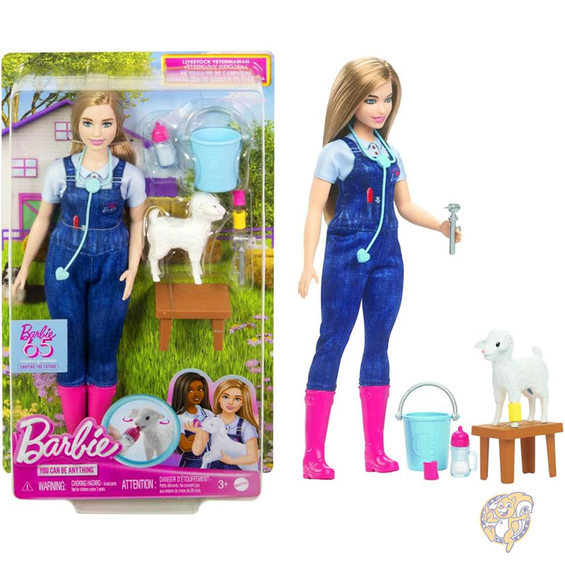 【クーポン配信中】バービー Barbie バービー65周年記念ドール アクセサリー10点 ブロンドの獣医人形 動く耳の子羊 農場 獣医セット 着せ替え人形 おもちゃ クリスマス