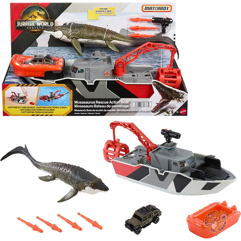 ジュラシック・ワールド おもちゃの車プレイセット 12.5インチ 31.7cm 恐竜ボート 13インチ 33cm モササウルス恐竜付き 1:64 ダイキャスト ジープ ハープーンミサイル 取り外し可能 救助ボート Matchbox マッチボックス おもちゃ クリスマス
