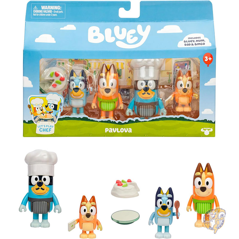 【クーポン配信中】ブルーイ Bluey 4パック おもちゃフィギュア プレイセット レッツプレイ シェフ パブロワ 幼児用フィギュア おもちゃセット シェフアクセサリー付き 3からのお子様向け ポーズ可 フィギュア おもちゃ クリスマス