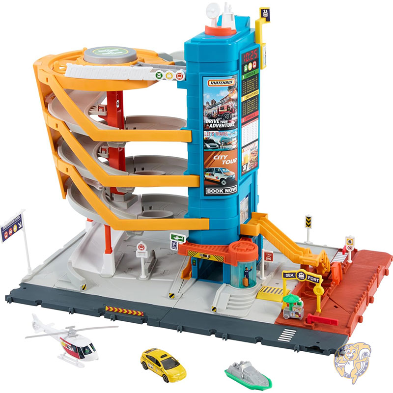 【クーポン配信中】マッチボックス Matchbox おもちゃの車 プレイセット 5階建て 交通センター 子供と車が操作する機能付き 1:64スケールのタクシー ボート ヘリコプター フードベンダーアクセサリー付き おもちゃ