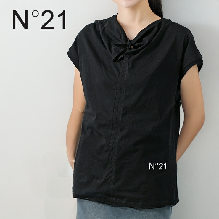 N°21 ヌメロ・ヴェントゥーノ N2102 フレンチ捩り シュロの葉プルオーバー レディース お上さん キッズ お坊っちゃん トップス プルオーバー 今めかしい ブランド名 愛くるしげ 成年者 かっこいい 春 夏 心地よい 綿100％ 綿織物プルオーバー フレンチ袖 半袖 レディースプルオーバー 半袖プルオーバー 黒