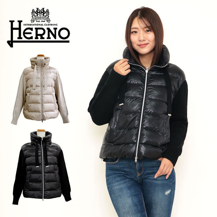 HERNO 異素材切り替え　ダウンジャケット ライトダウン　半袖　M HERNO ヘルノ A-Shape Satin Down Coat ダウンコート サテン A