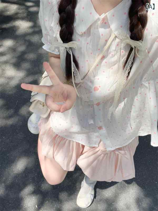 セットアップレディース半袖ブラウスドット柄水玉ハートボタンショートパンツ2点セット上下セット大人かわいい カジュアル ナチュラル シンプル ベーシック 定番 スタンダード ガーリー ルームウェア お出かけ ピンク