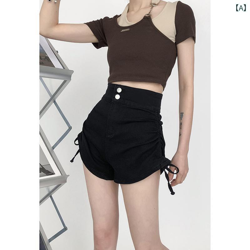 デニムショートパンツ レディース ハイウエスト ダブルボタン ドローストリング ショート丈 台形カジュアルシンプルベーシック定番ナチュラルスタンダードジーンズジーパン短パンホットパンツズボン無地