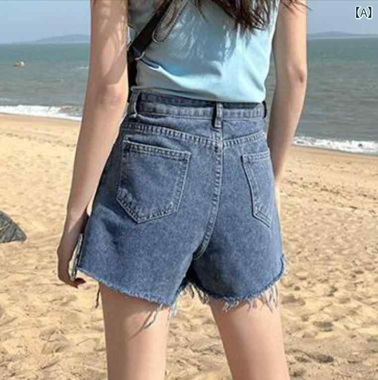 ショートパンツ レディース デニム ハイウエスト ダメージ加工 裾フリンジ ジーパンジーンズボトムス膝上丈短パンパンツ無地シンプルベーシックカジュアル定番ナチュラルスタンダードゆったり