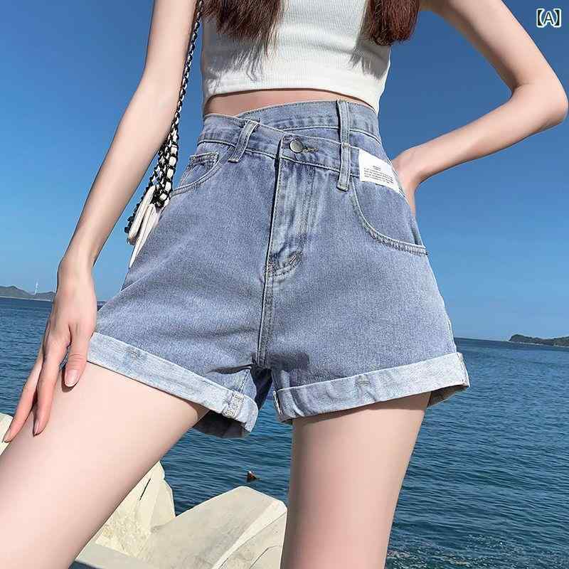 デニムショートパンツ レディース ハイウエスト アシンメトリー 膝上丈 ボトムスワイドシルエットハーフパンツストレートゆったりジーンズシンプルベーシック定番スタンダードナチュラルカジュアル無地
