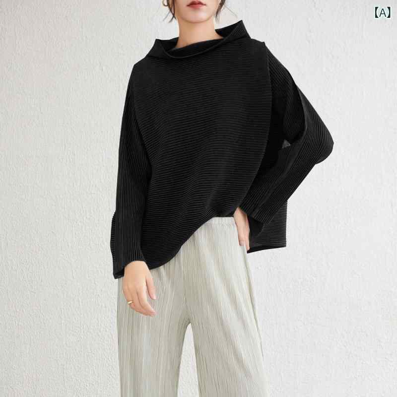 プリーツトップス レディース ハイネック 長袖 ゆったり プルオーバー シンプルベーシック定番無地ナチュラルカジュアル普段使いスタンダード