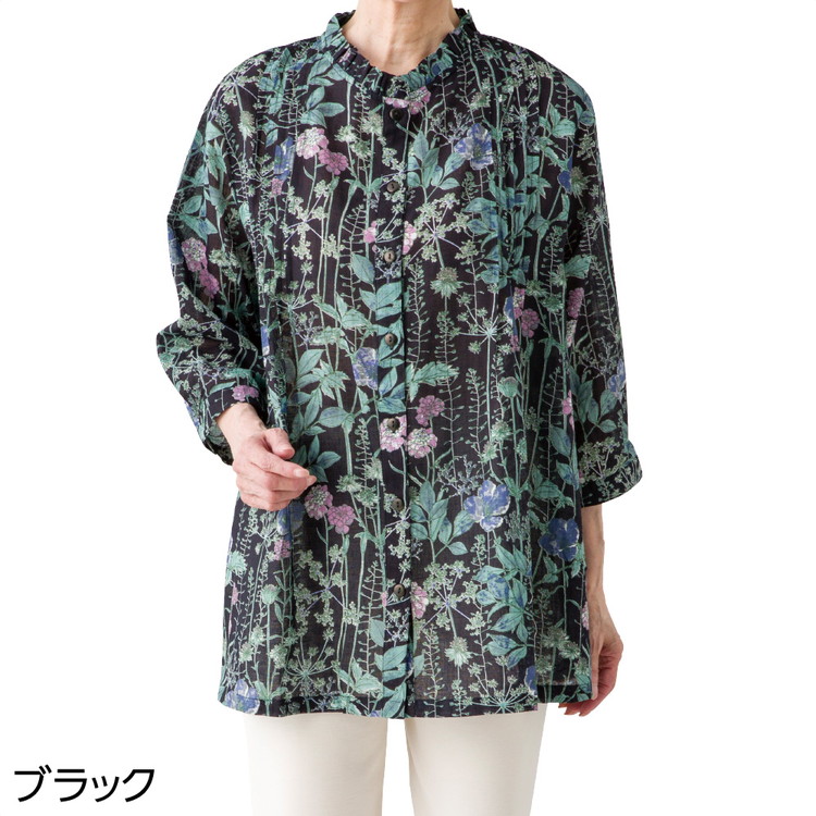 送料無料】ブラウス レディース 春夏 おしゃれ 綿麻花柄前開きブラウス 