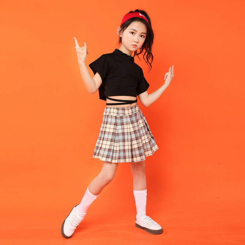 キッズダンス衣装 ヒップホップ HIPHOP セットアップ トップス スカート チェック柄 子供 女の子 ガールズ チア ジャズ