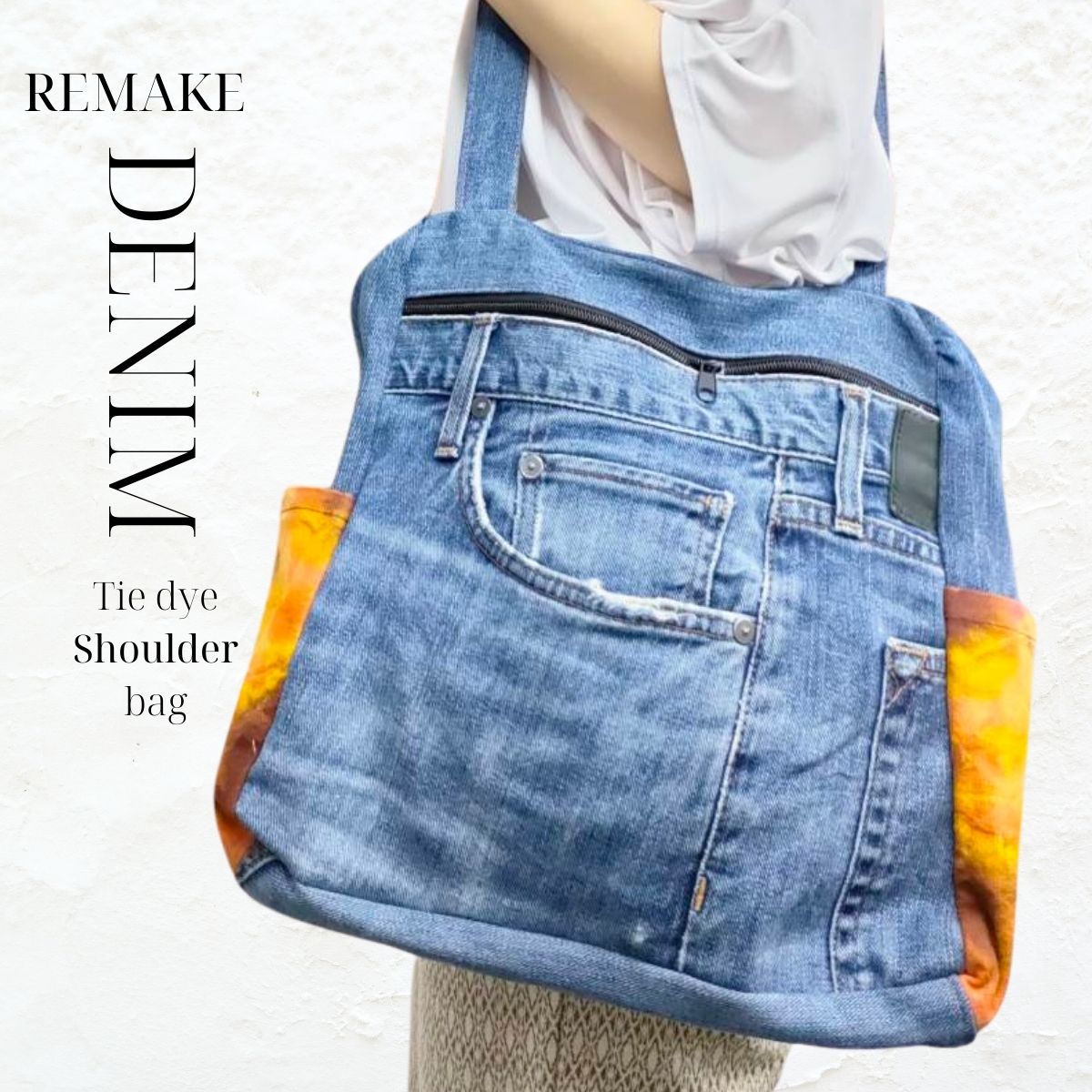 BIG size★ファスナー蓋付き トートバッグ デニムリメイク BIG size☆ファスナー蓋付き トートバッグ デニムリメイク