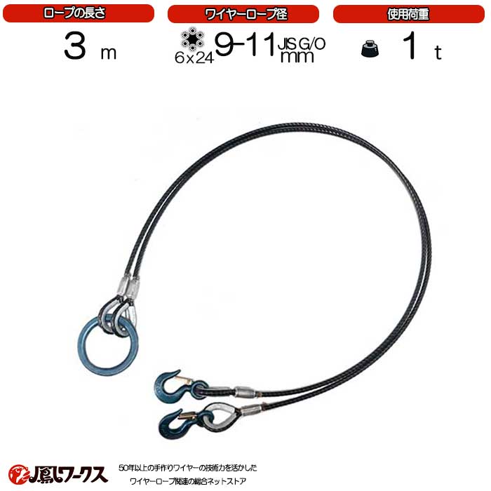 ２点吊ワイヤーロープ　（9mm-11mm）×3ｍ　関西工業　被覆　使用荷重1t　玉掛け　クレーン　ワイヤーロープ　フック　リング　吊り金具
