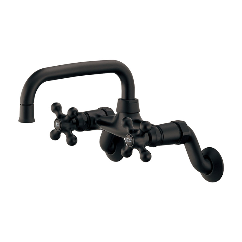 特価のキッチン 台所 洗面所向けの壁付混合水栓 手になじみ操作がしやすいクロスハンドルのキッチン用蛇口水栓 木材 建築資材 設備 キッチン 台所 水栓 2ハンドル壁付混合栓 マットブラック黒塗装仕上げ 2ハンドル壁付混合栓 マットブラック黒塗装仕上げ 124 107 D