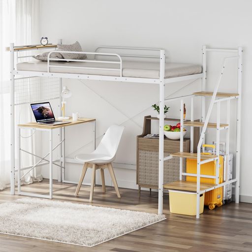 DEWEL屋根裏部屋臥榻成年者/小わっぱ用シングルシステムベッド上がり段付き添い人棚付き添い人高耐荷重150kg安全性のある腹積もり多役立つこと納める付き添い人幅262x奥ふかさ107x高さ173糎白いこと