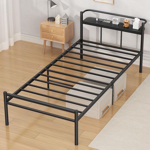 PRTONE ベッドフレーム シングルベッド 収納 宮棚 2口コンセント付き すのこベッド シングル bed frame single 耐荷重300Kg 安定 静音 頑丈 通気 耐久 べっどふれーむ パイプベッド 30cm収納空間 組…|papimomo.shop