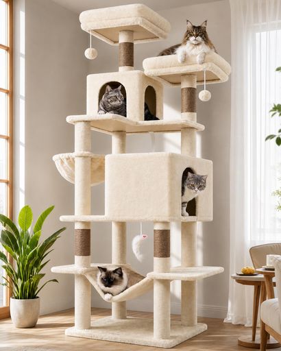 Globlazer キャットタワー 猫タワー 大型猫用 おしゃれ 多頭飼い 高級 猫ハウス 猫家具 据え置き型 広いベッド ハウス 隠れ家 大型見おろし展望台 ハンモック おもちゃ 爪とぎポール 爪研ぎ &hellip;｜papimomo.shop