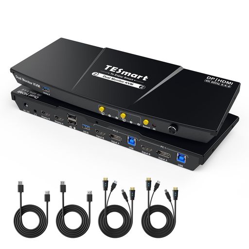 TESmart KVMスイッチ HDMI+DisplayPort 2入力2出力 デュアルディスプレイ切替器 USB3.0対応 2台パソコン2モニター対応 4K@60Hz 拡張表示 EDIDエミュレーション、ホットキー、リモコン操作｜papimomo.shop