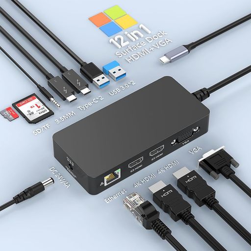 【2026最新デザイン】Surface proドック 12-IN-1USB C ハブ Thunderbolt 4 surface dock, 5Gbps高速データ転送・4K HDMI*2映像出力・PD96W急速充電 Surface Pro|papimomo.shop