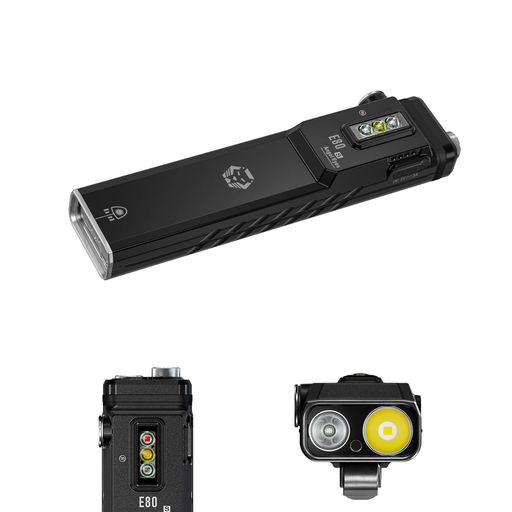 RovyVonE80sLED懐中照明ランプ豪然たるEDC閃光電球点火装置USB-C申し受ける式1800lm白いこと光、高功率UV向こう正面点火装置(白/赤/365nmUV片方点火装置)、取りはらい能力のあるな双方向衣嚢ゼムクリップ(黒いこと)