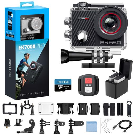AKASO EK7000 Pro + 64GB記憶装置歌留多 4K 動き写真器 2000万絵素 タッチパネル式 Type-C外の方マイクロホン相応う 手ブレ手を加える WIFI積み上げる 広角水晶体 40m雨合羽 水中写真器 HDMI最終生産物 運動競技 遠隔操作付き添い人