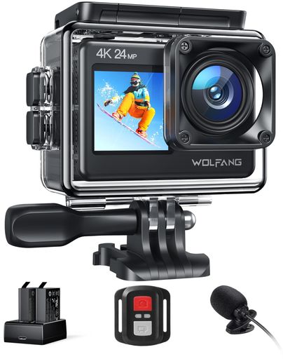 WOLFANG GA200 動き写真器 【マイクロホン付き添い人】4K 24MP 雨合羽40M デュアルスクリーンカメラ EIS手振れ手を加える 無線LANかい繕う能力のあるな広角 Vlog写真器 (申し受ける器、2つの蓄電池、遠隔操作と付属品一揃いの道具)