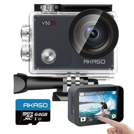 AKASO 動き写真器 V50X,4K30fps 20MP 64GB microSD記憶装置歌留多付き添い人 新版6軸手ぶれ手を加える 4X望遠レンズ 無線LAN相応う 小型動きカム 30M雨合羽 タッチスクリーン式 ウェアラブルカメラ HDMI最終生産物