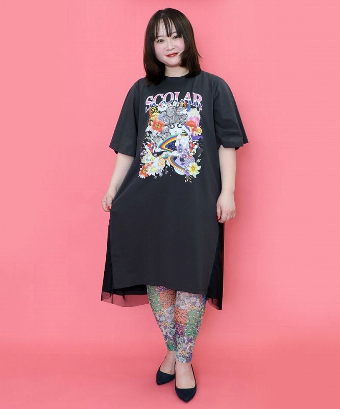 スカラー151655：花×ヒョウパッチワーク柄 デニム切替ワンピース スカラー ScoLar 花×ヒョウパッチワーク柄 デニム切替ワンピース