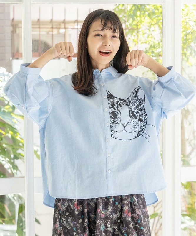 シャツ SALE ScoLar スカラー 152652 花×おしゃれネコ バイカラー切替シャツ トップス カジュアル ガーリー レトロ 猫 原宿系 個性的 ポイント ScoLar シャツ SALE スカラー 152652 花×おしゃれネコ バイ