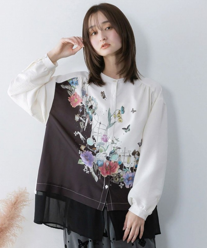 ★SALE★【is ScoLar イズ スカラー】561202 布帛ｘシフォン異素材切替バイカラー花柄シャツ トップス シック フェミニン 原宿系 個性的【パッパドゥドゥ】