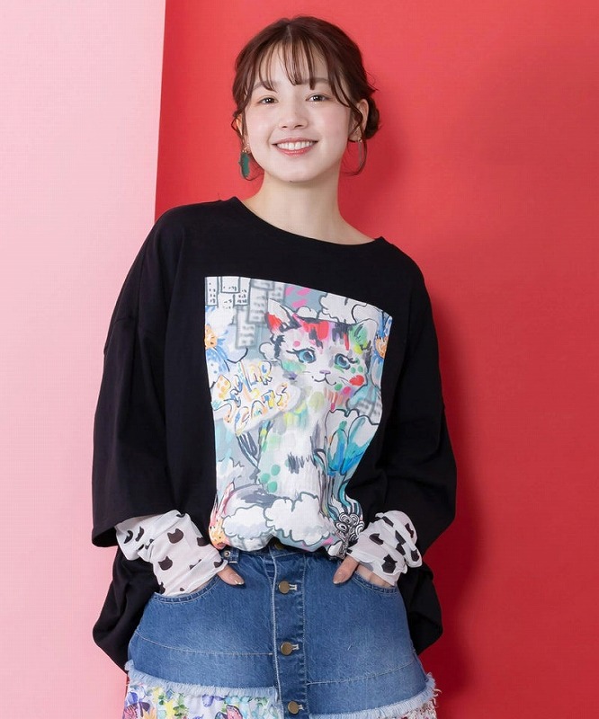★SALE★【ScoLar スカラー】161634 画家スカラーちゃんネコ柄チュール切替チュニック カジュアル レトロ 原宿系 個性的【パッパドゥドゥ】