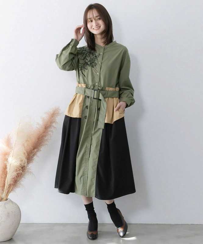 ★SALE★【is ScoLar イズ スカラー】561201 花刺繍トレンチコート風 異素材切替ワンピース 羽織り シック フェミニン 原宿系 個性的【パッパドゥドゥ】